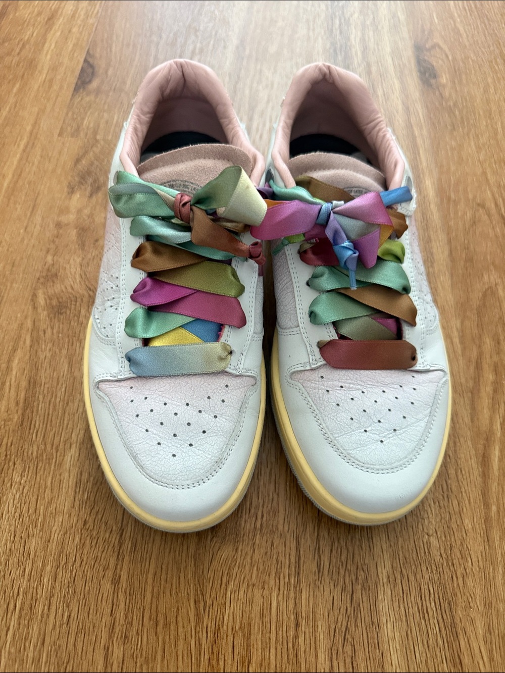 P448 White Leather Sneakers with Pastel Multicolor Satin Laces
